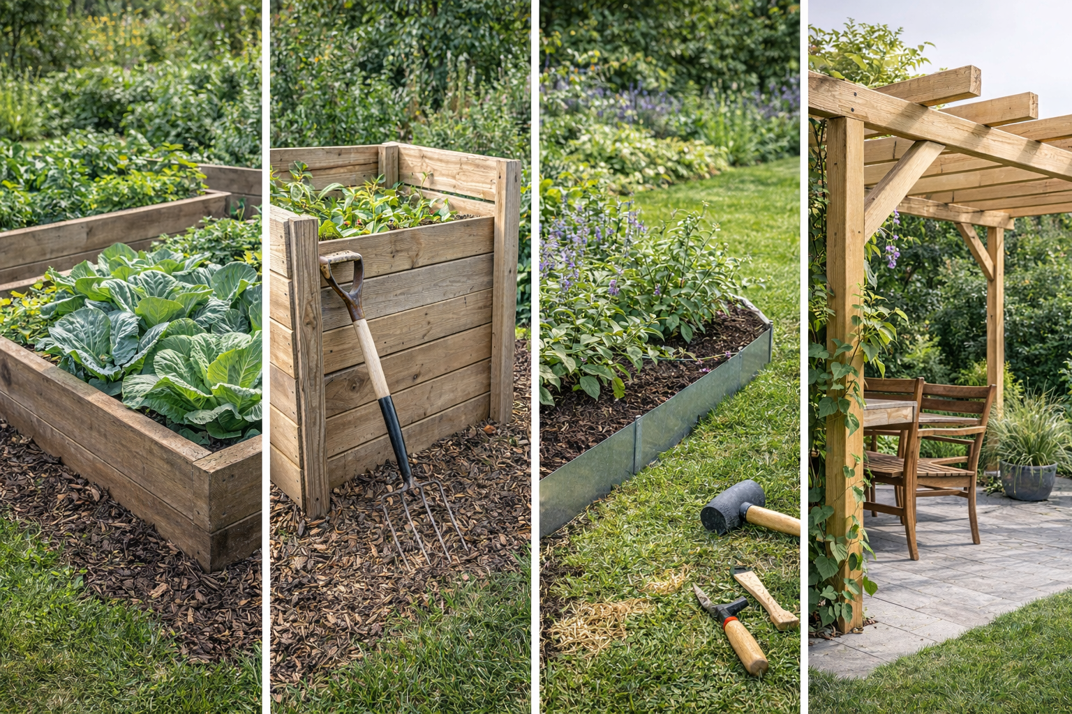 Mała architektura ogrodowa DIY: rabaty podniesione, kompostownik, obrzeża i proste pergole